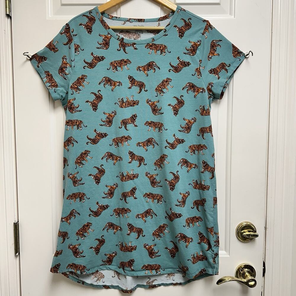 Vera Bradley Bali Tigers Nightgown House Sleep Dress Cotton M Short Sleeve Teal